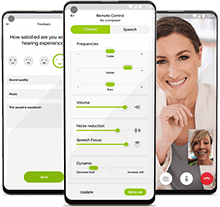 Telas do aplicativo myPhonak com controle remoto e suporte a distância