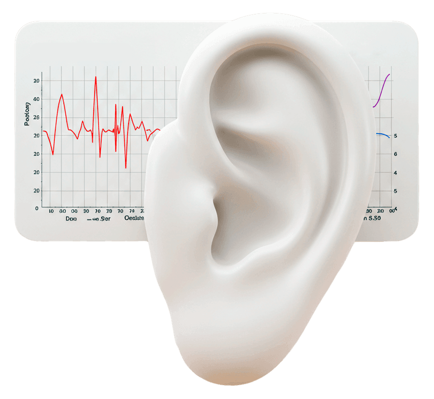 Ilustração de uma orelha ao lado do gráfico de um exame de audiometria