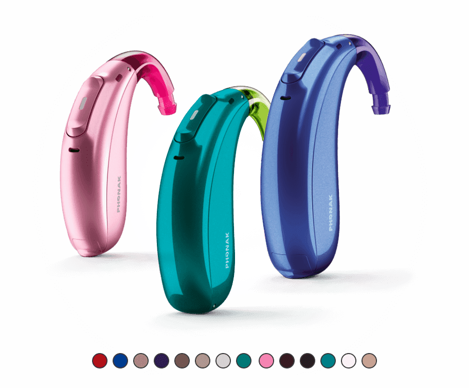 Aparelhos Phonak Sky em tons de rosa, verde e azul, com a paleta de cores disponíveis